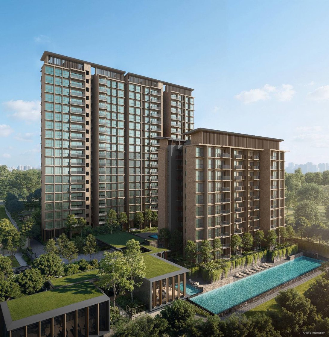 Artist's impression of Dunearn House — a low-rise condominium at Turf City, Bukit Timah, set among landscaped greenery with a lap pool.