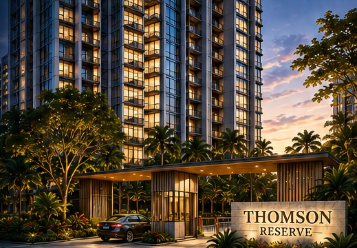 Artist's impression of Thomson Reserve — the lit arrival pavilion and residential towers at Bright Hill Drive, Upper Thomson.